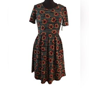 LuLaRoe Amelia Size L Womens Dress Black Yellow Sunflowers New NWT 14-16